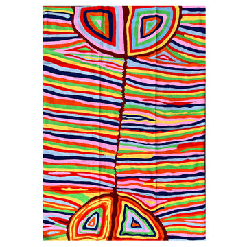 Top down view of a rug printed with artwork by Judy Watson in different coloured brush strokes.