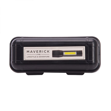 A black container with a label on the front with the text 'Maverick Lifestyle & Adventure' with an image of a torch.