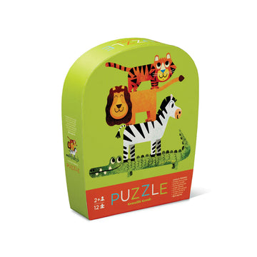A green puzzle box with an illustration of a tiger, lion, zebra and crocodile all stacked on top of each other.