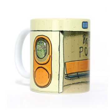A mug printed to look like a Canberra bus shelter is in the middle with the graffiti 'Big Fat Poo' written on it. The text 'A Bus Shelter Mug Big Fat Poo' is written above the mug and 'Tallara Parkway, Narrabundah, ACT' is written below the mug.