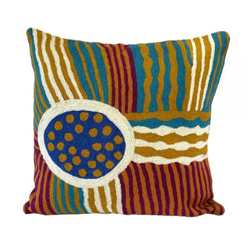 Woven woollen, zippered cushion cover 40cm x 40cm, cotton base. Artwork by Sarah Lane. White off-centre circle, coloured blue, yellow ochre spots. Green, red, orange, white, yellow vertical, horizontal lines.