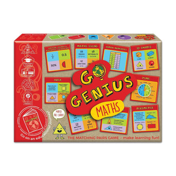 Front cover of a card game box with the heading 'Go Genius Maths' in the middle. There are images of cards, each with a different area of maths on them including time, perimeter and area.