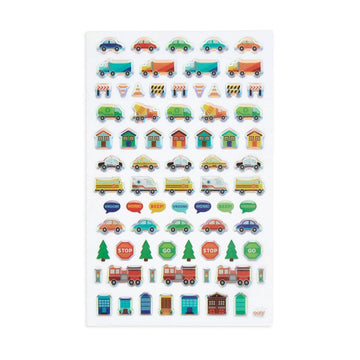 A sheet of stickers featuring different cars, trucks, buildings and street signs.