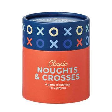 A round container with a blue lid covered in coloured Xs and Os. The container is orange with the heading 'Classic Noughts & Crosses'.