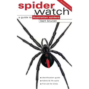 'Spiderwatch: A guide to Australian spiders' book cover featuring a photo of  red back spider on a white background.