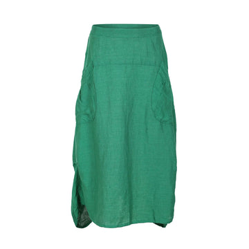 Front view of a green skirt with side pockets and a side split.
