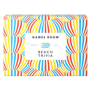 'Beach Trivia' game box cover featuring a red, blue and yellow striped pattern.