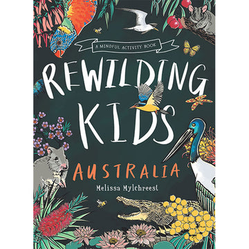 'Rewilding Kids Australia' activity book cover featuring illustrations of Australian animals around the book title.