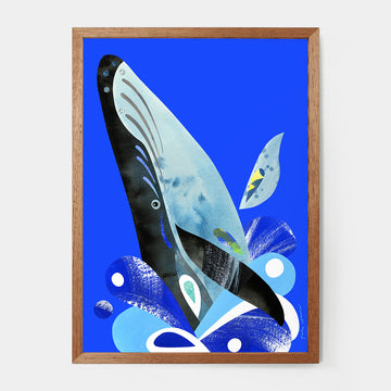 A framed print of a humpback whale illustrated by Pete Cromer.