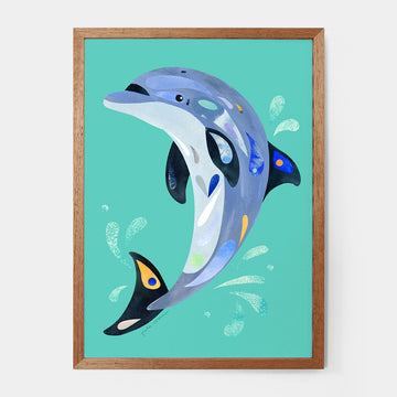 A framed print of a dolphin illustrated by Pete Cromer.