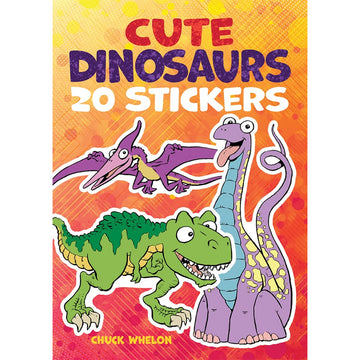 'Cute Dinosaurs 20 Stickers' book cover featuring illustrations of three different dinosaurs with white outlines indicating they are stickers.