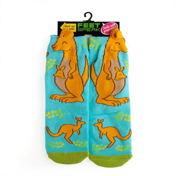 A pair of socks printed with kangaroos hanging off a hanger.