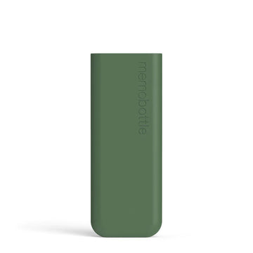 A silicone sleeve for a water bottle in a slim rectangle shape in moss green.