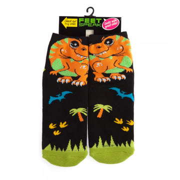 A pair of socks printed with dinosaurs are hanging off a hanger.