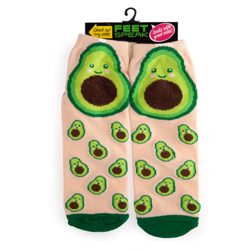 A pair of socks printed with avocados is hanging from a hanger.