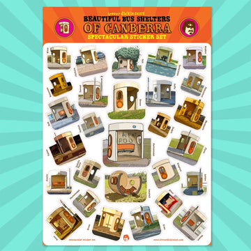 A sheet of stickers of various bus shelters from Canberra.