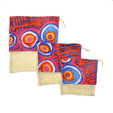 Three different size produce bags with a hessian strip on the bottom third and a cotton print by Murdie Morris on the top two thirds.