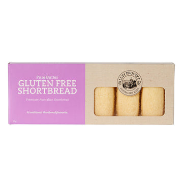 A rectangle box with the heading 'Pure Butter Gluten Free Shortbread' on a purple background. There is a window showing the shortbread inside.