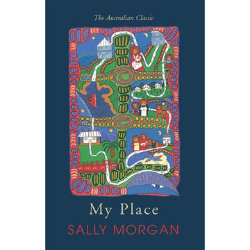 'My Place' book cover showing a map with a decoratedpathway branching out from the centre leading to several houses. Figures stand in front of the houses in groups.