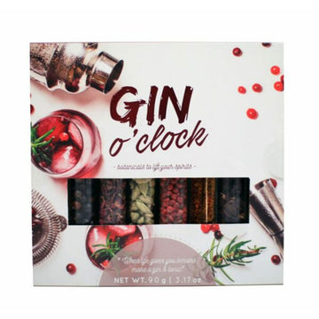 A box titled 'Gin O'clock' with pictures of gin ingredients and a shaker. There is a cut out window showing six clear tubes inside filled with ingredients.