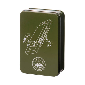 A green tin with a line drawing of a harmonica on the front with music notes.
