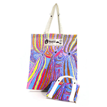 A tote bag printed with artwork by Liddy Napanangka Walker and the logo 'Better World Arts' on the front. There is another bag pictured in front folded up.