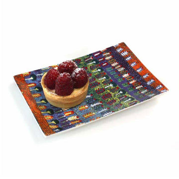 A small rectangle plate pictured printed with artwork by Rosie Ross and with a tart on top.