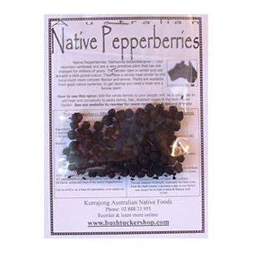 A clear bag of pepperberries attached to a light purple information card.