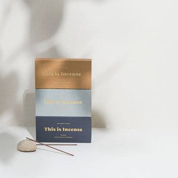 A rectangle box in sage green with the text 'This is Incense' written in gold on the front.