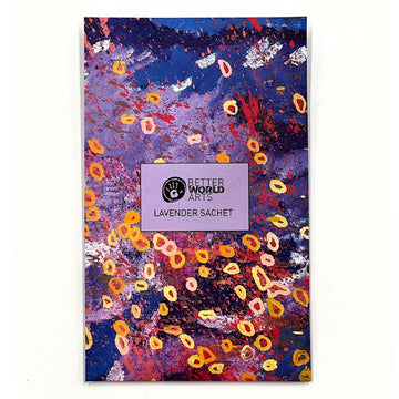 A lavender sachet printed with artwork by Stephen Jupurrula Nelson.