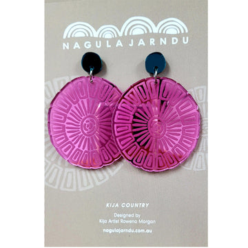 A pair of stud drop earrings with a navy circle stud attached to a large pink mirror disc on a card.