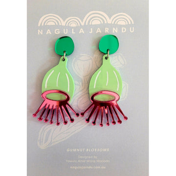 A pair of stud drop earrings with a green mirror stud with green and pink resin gumnuts attached on a card.
