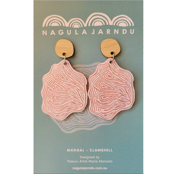 A pair of wooden earrings with a round wooden stud attached to a clamshell shaped piece.