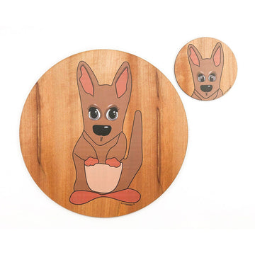 A set of a wooden round coaster and place mat inside a box. Both items are printed with an illustration of a kangaroo.
