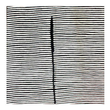 Hand woven woollen rug, 2ftx 3ft, original artwork created by Kurun Warun. Prominent design. Numerous thin horizontal white lines parted by a single thick black line rising from beneath.