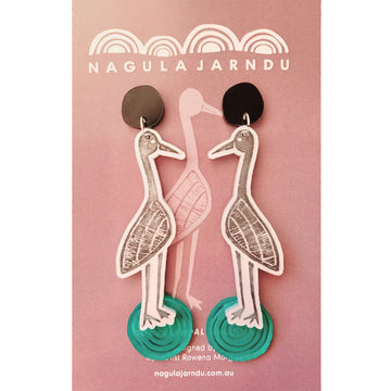 A pair of stud drop earrings with round brown studs attached to brolga birds standing on green circles.