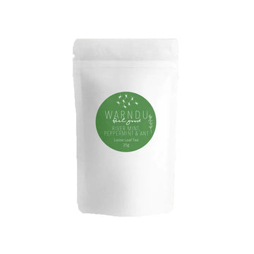A white packet with a round green label with the text 'Warndu Feel Good River Mint, Peppermint and Ant'.