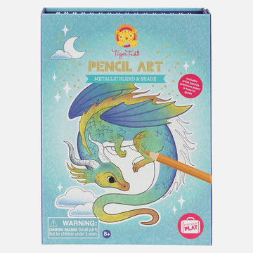 Front cover of 'Pencil Art Metallic Blend and Shade' featuring an illustration of a coloured in dragon in yellow and blue.