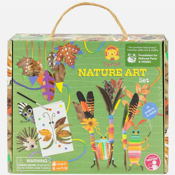 A green box titled 'Nature Art Set' with images of critters made from leaves and feathers.