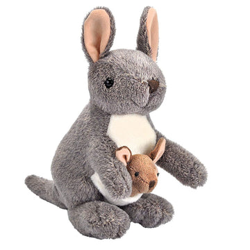 A kangaroo soft toy in grey with a brown joey in it's pouch.