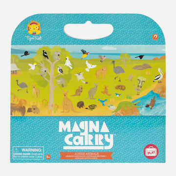 Front cover of an activity set titled 'Magna Carry Aussie Animals' with illustrations of different Australian animals including a kangaroo, dingo, wombat and emu.