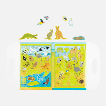 Front cover of an activity set titled 'Magna Carry Aussie Animals' with illustrations of different Australian animals including a kangaroo, dingo, wombat and emu.