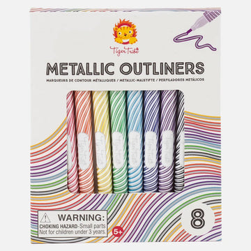 A set of coloured markers inside a box with a square cut out showing the markers inside. The box is titled 'Metallic Outliners' with illustrations of wavy coloured lines.