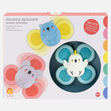 White box titled 'Sensory Spinners Aussie Animals' with an illustration of two spinners and a circle cut out in the box showing the three spinner inside.