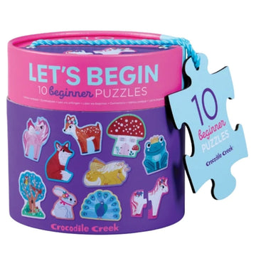 A small round container with the heading 'Let's Begin' and an image of ten puzzles in the shape of animals.