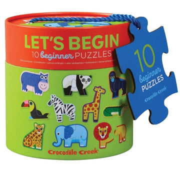 A small round container with the heading 'Let's Begin' and an image of ten animal shaped puzzles.