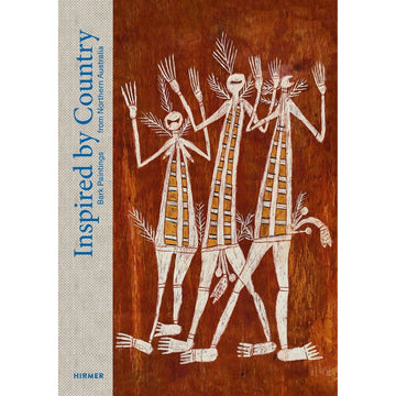'Inspired by Country' book cover featuring a bark painting of three people holding their hands up.