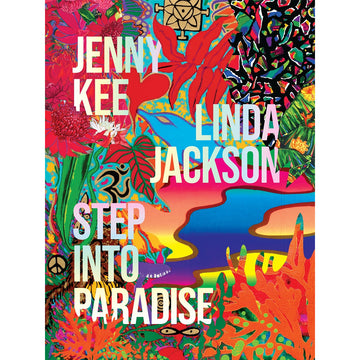 'Step into Paradise' book cover featuring a colourful abstract illustrated background with flowers, leaves and a dolphin visible.