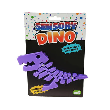 A purple dinosaur toy attached to a black card with the title 'Sensory Dino'.