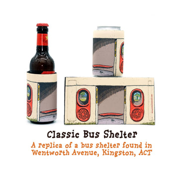 Three stubby holders pictured, all printed with bus shelter artwork by Trevor Dickinson. One stubby holder has a bottle inside, one has a can inside and one is lying flat.
